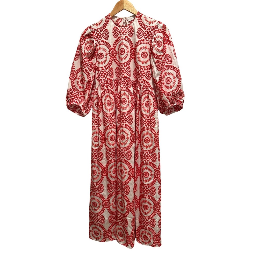 Borgo De Nor Vanessa Broderie Anglaise Red White Maxi Dress Puff Sleeve US 2